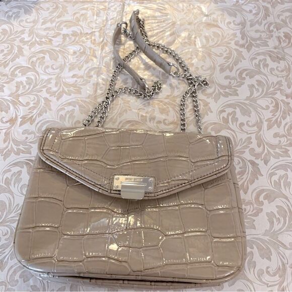 Nine West Shoulder Handbag Chain Strap Faux Croc Taupe Vegan Leather Gorgeous - Picture 2 of 9